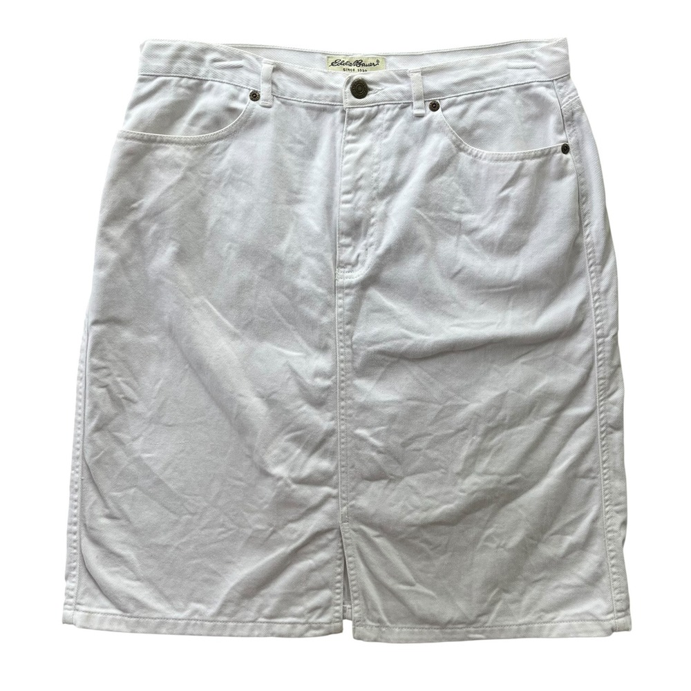 Eddie Bauer Women's 10 White Denim Cotton Slit Casual Coastal Retro Pencil Skirt